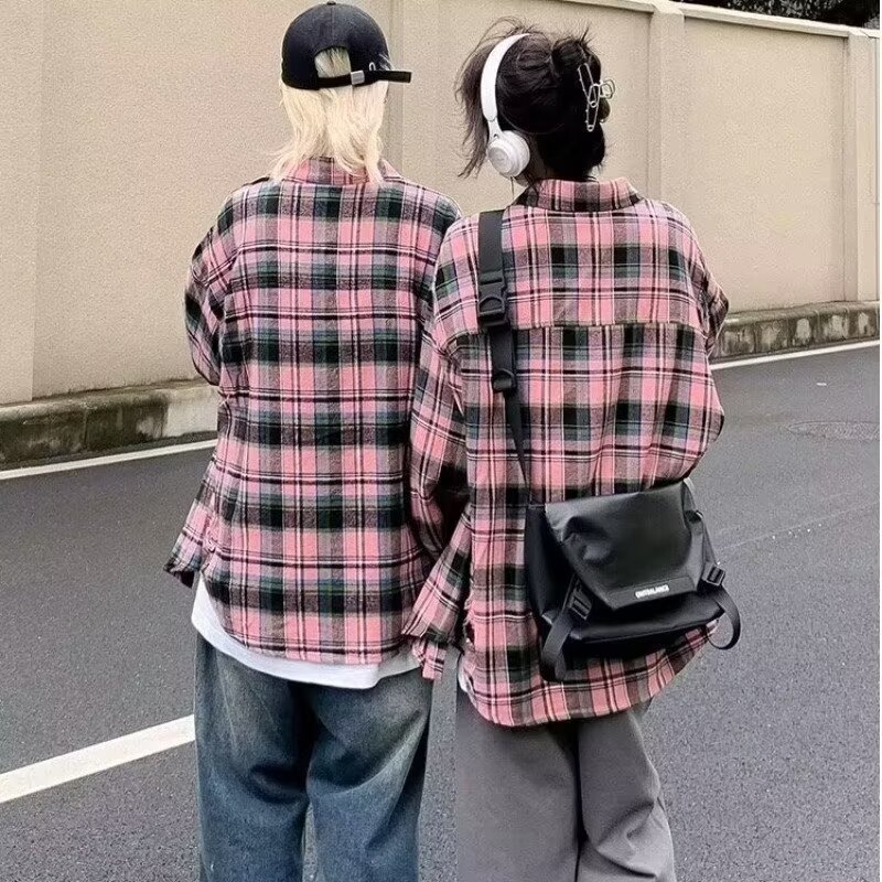Tie-dye Plaid Long-sleeve Shirt For Men Autumn Japanese-style Vintage