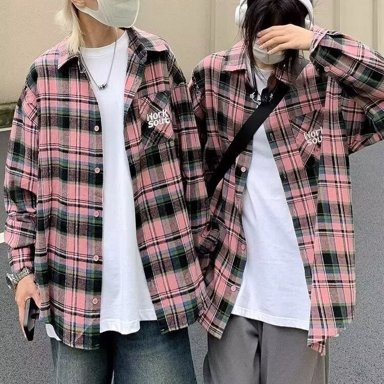 Tie-dye Plaid Long-sleeve Shirt For Men Autumn Japanese-style Vintage