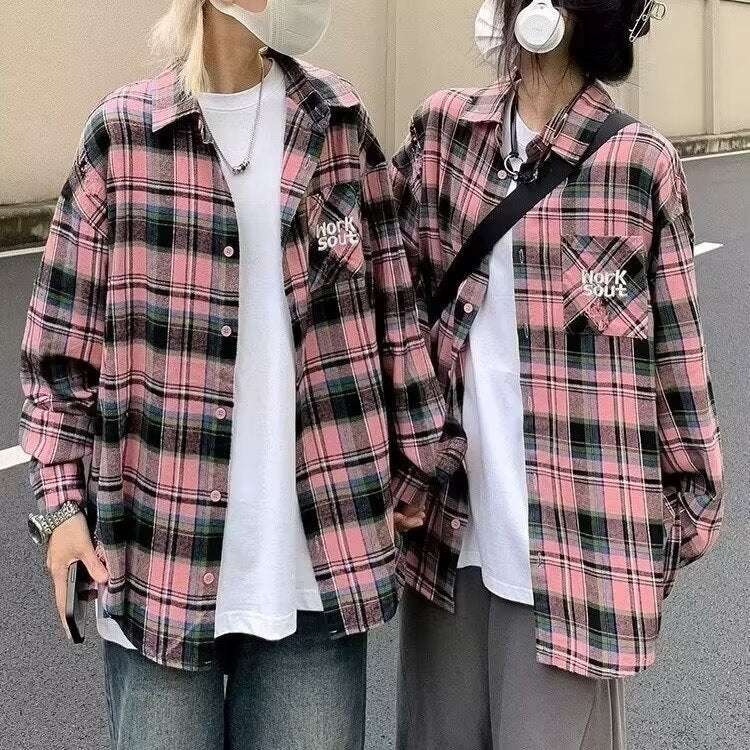 Tie-dye Plaid Long-sleeve Shirt For Men Autumn Japanese-style Vintage