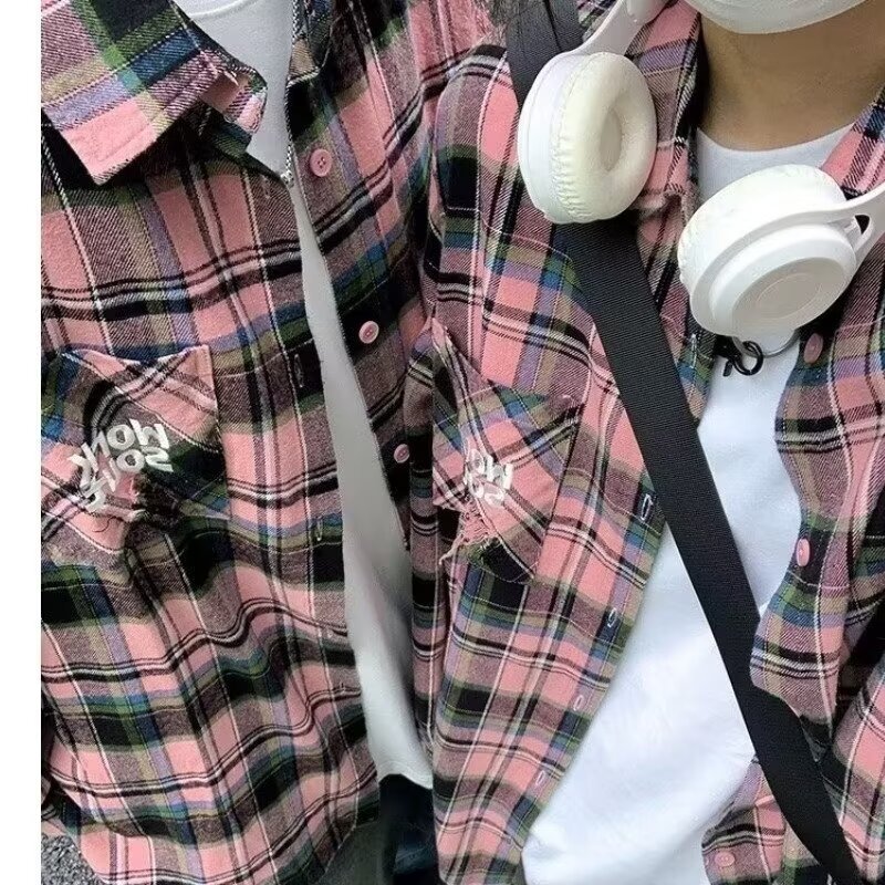 Tie-dye Plaid Long-sleeve Shirt For Men Autumn Japanese-style Vintage