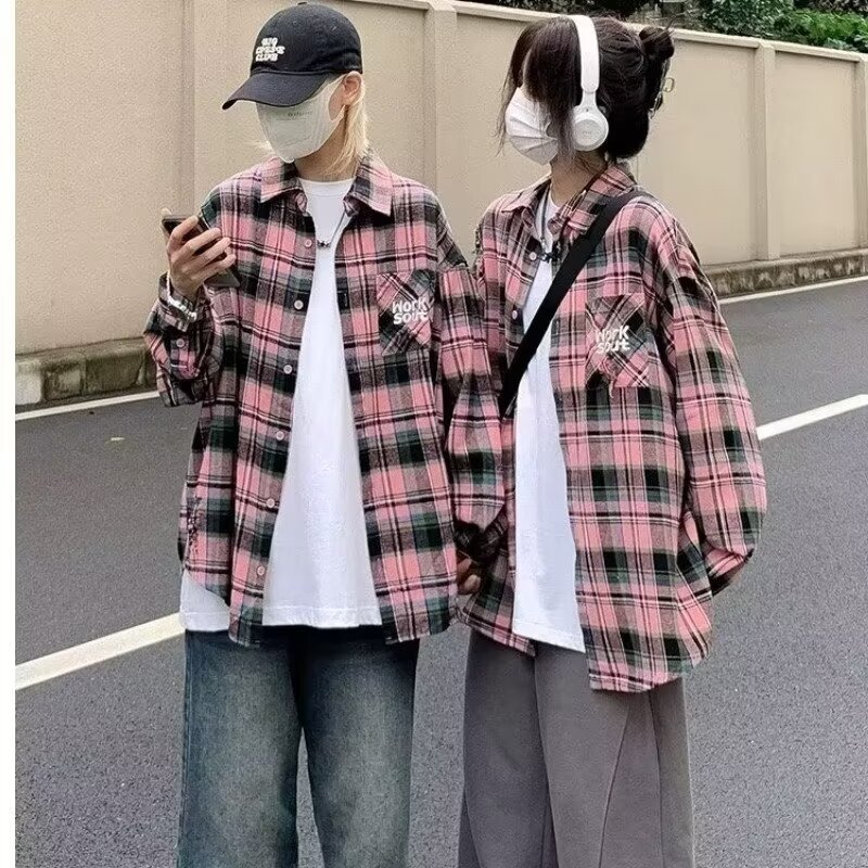 Tie-dye Plaid Long-sleeve Shirt For Men Autumn Japanese-style Vintage
